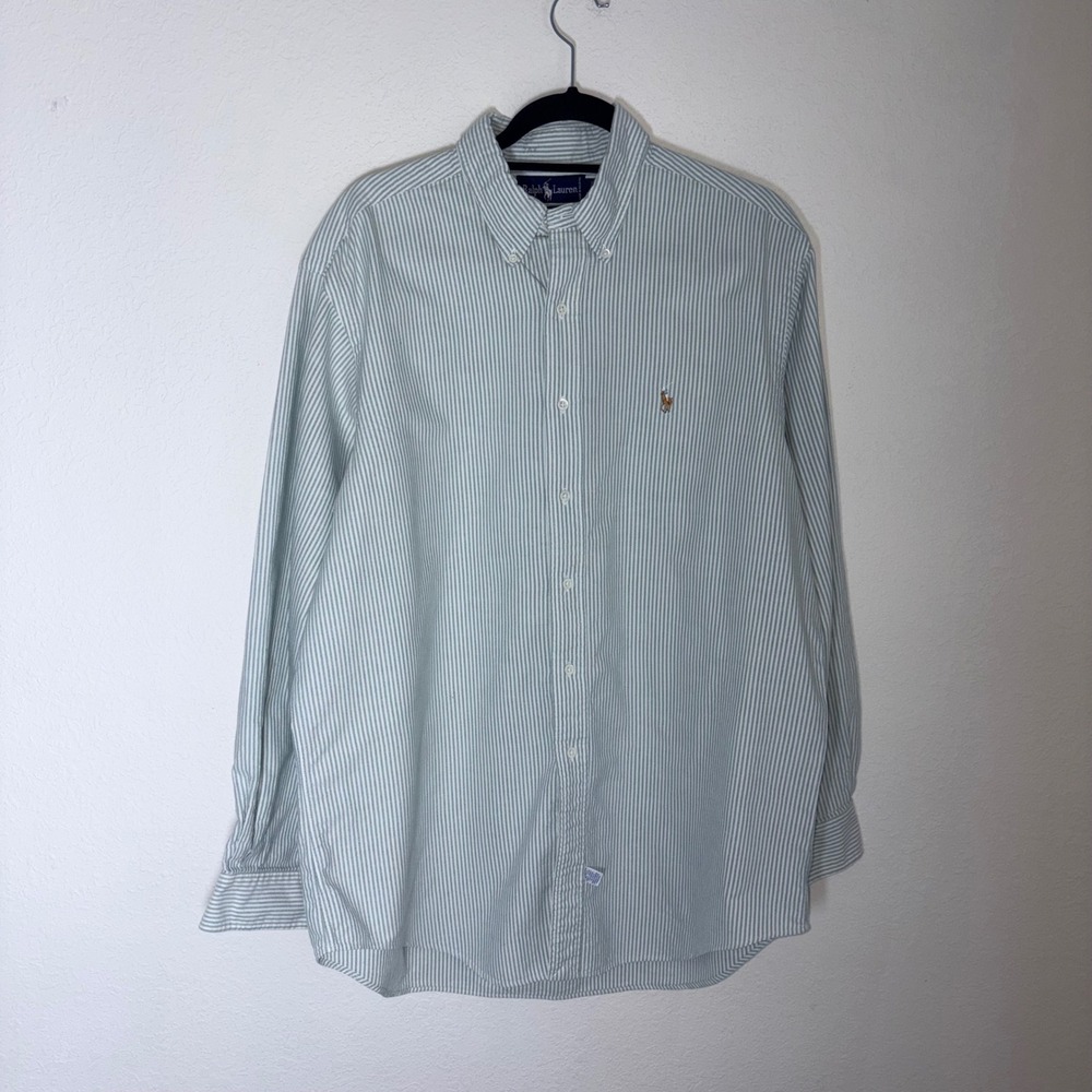 Ralph Lauren Striped Button Down Shirt 17.5" neck Green White Long Sleeve cotton